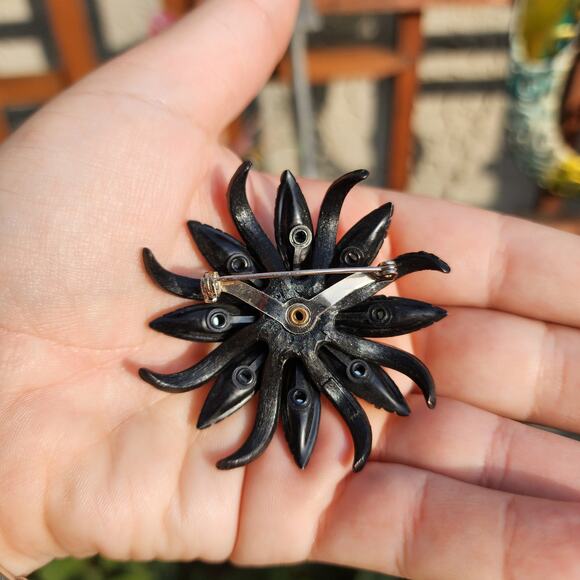 Vtg Selro Selini Brooch Japanned Amber Green Yellow Glass Marquise Rhinestones - Picture 9 of 10